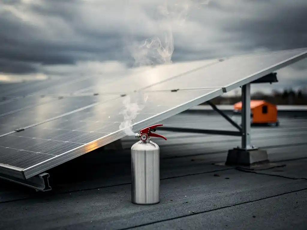 Rooftop solar panel array with fire suppression canister at its base, thin smoke wisps rising from panel edge under overcast sky.