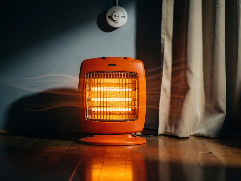 Glowing orange space heater near a beige curtain on hardwood floor, with a smoke detector mounted on the ceiling above.