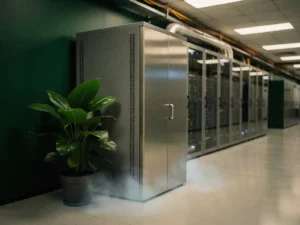 Server cabinet in a modern data center beside a lush green plant, with nitrogen mist at the base blending natural and industrial elements.