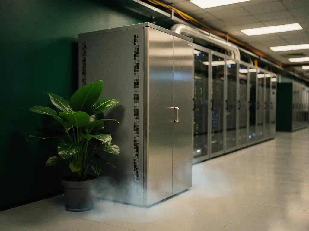 Server cabinet in a modern data center beside a lush green plant, with nitrogen mist at the base blending natural and industrial elements.