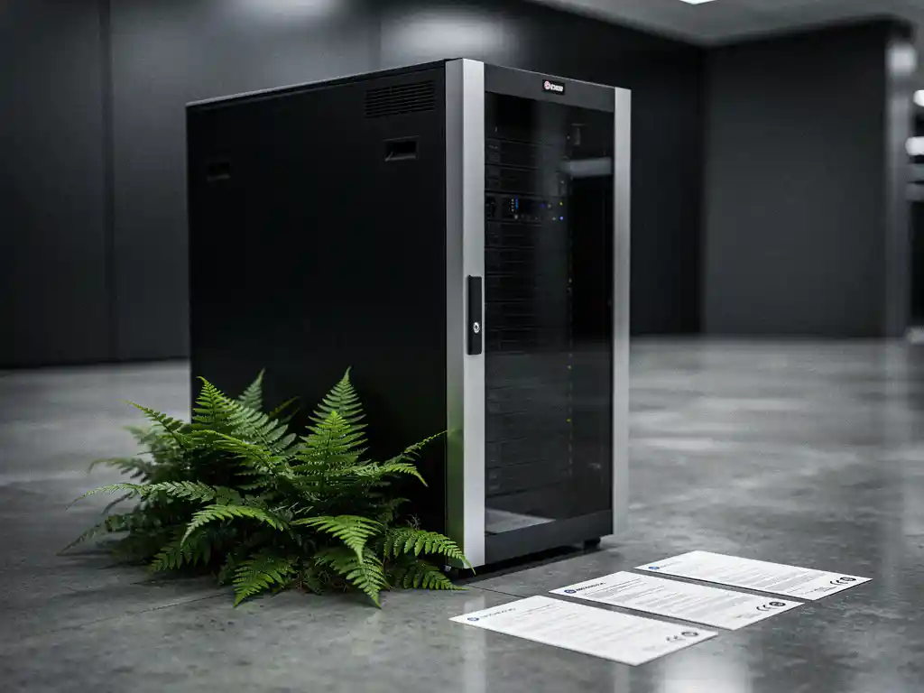 Black server cabinet in a modern data center with a green fern growing from its base, EU certification documents on concrete floor nearby.
