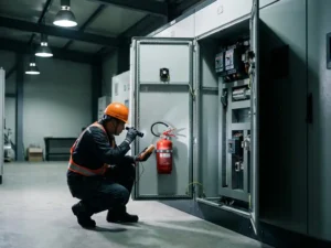 Fire safety technician inspecting open industrial switchgear cabinet with compact suppression unit installed inside a modern facility.