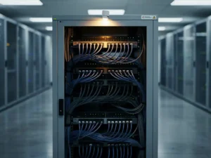 Telecom server rack with dense cable bundles and blinking lights, smoke detector mounted at top, amber warning glow in a clean data center.
