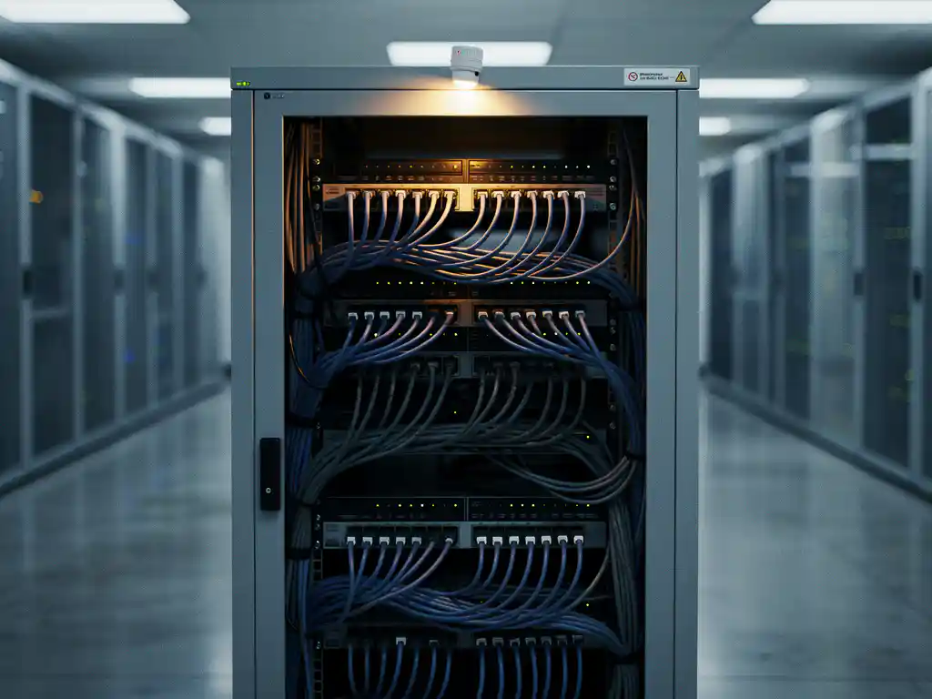 Telecom server rack with dense cable bundles and blinking lights, smoke detector mounted at top, amber warning glow in a clean data center.