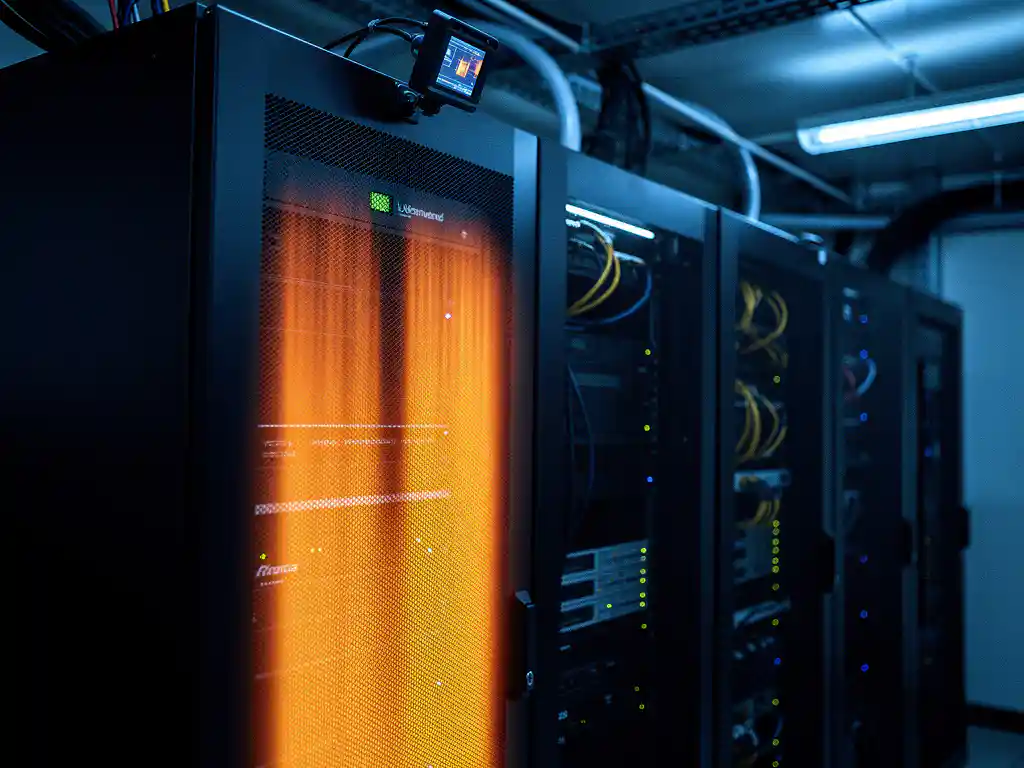 Thermal camera view of server room racks showing heat signatures in amber tones against cool blue ambient lighting.