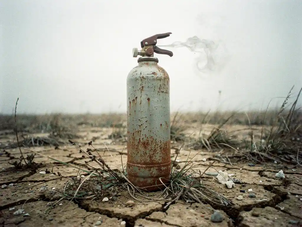 Corroded halon fire suppression cylinder leaking gas on cracked dry earth, surrounded by dead grass under overcast sky.