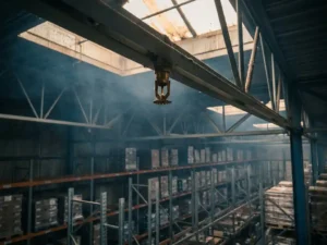 Fire suppression sprinkler head on a warehouse ceiling above tall metal storage racks, with faint smoke haze near the rafters.