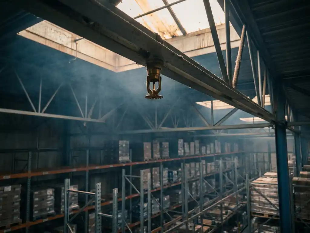 Fire suppression sprinkler head on a warehouse ceiling above tall metal storage racks, with faint smoke haze near the rafters.