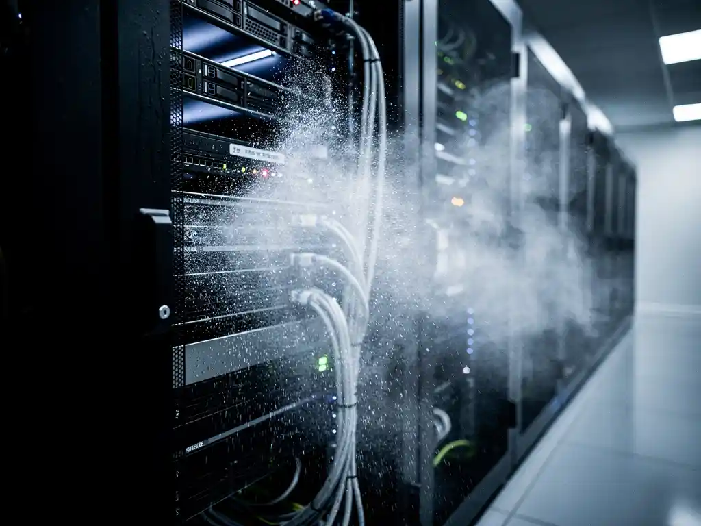 Ultra-fine water mist and inert gas suppression systems active above a black server rack in a modern data center.