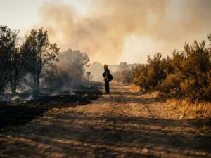 Firefighter in protective gear standing at a firebreak boundary between charred earth and dry scrubland under a smoke-hazed amber sky.