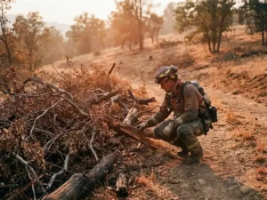 Firefighter in full protective gear crouching beside dry brush and fallen timber on a sun-scorched hillside during golden hour.