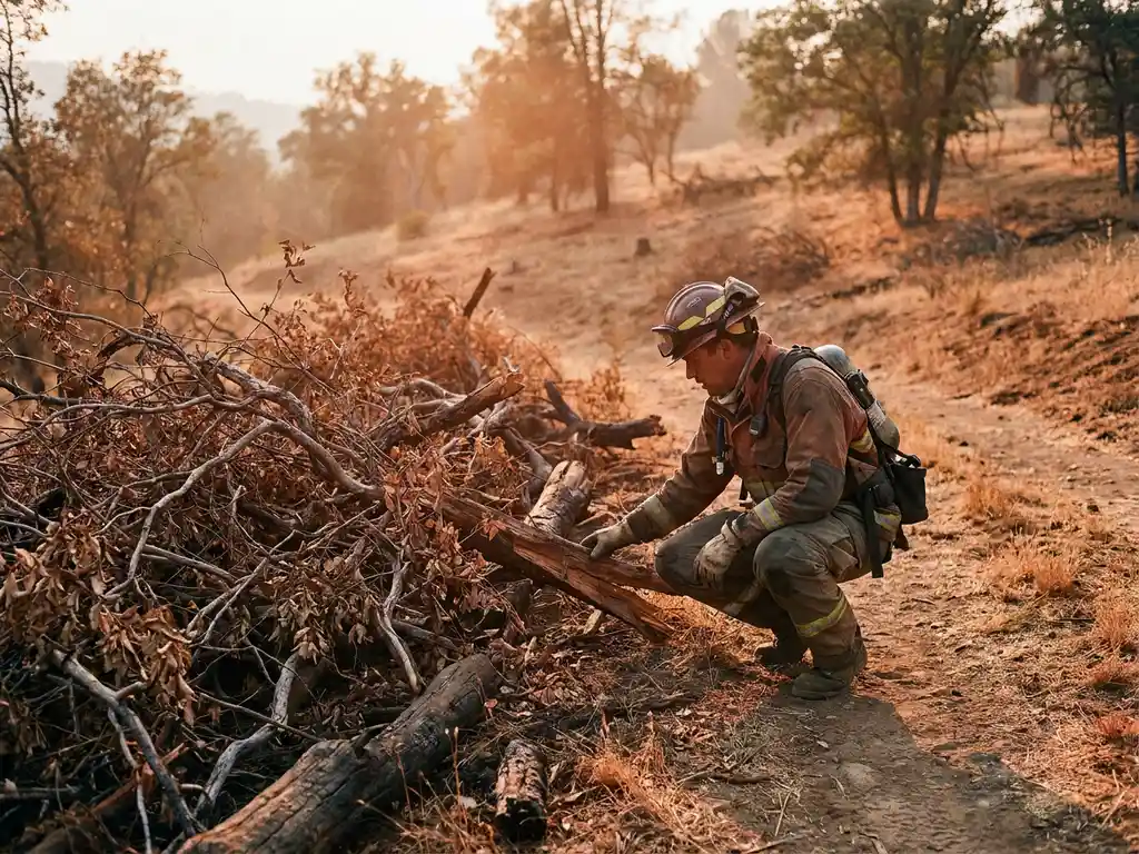 Firefighter in full protective gear crouching beside dry brush and fallen timber on a sun-scorched hillside during golden hour.