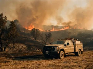 Fire management vehicle parked on cracked earth as wildfire flames advance across a scorched hillside under a smoke-filled burnt-orange sky.