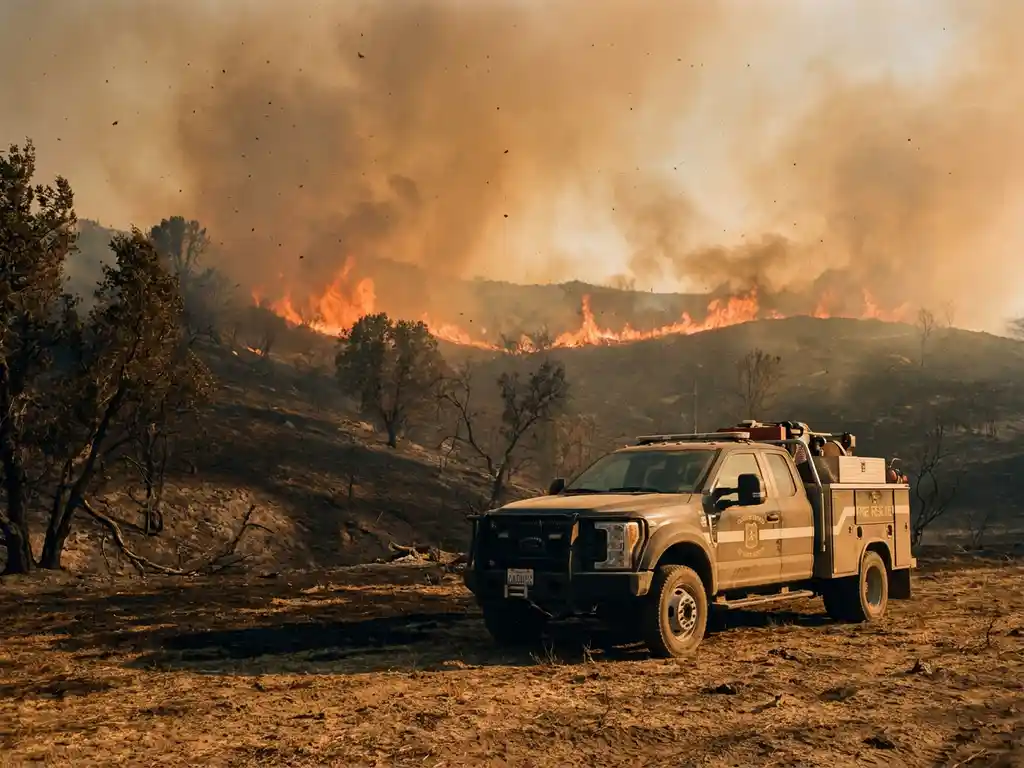 Fire management vehicle parked on cracked earth as wildfire flames advance across a scorched hillside under a smoke-filled burnt-orange sky.