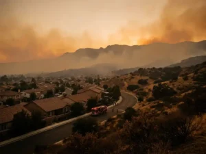Suburban homes bordering dry golden hillside brush as wildfire smoke haze glows amber over a distant ridge, red fire truck on winding road below.