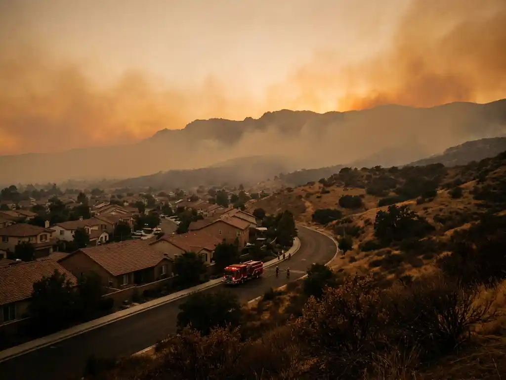 Suburban homes bordering dry golden hillside brush as wildfire smoke haze glows amber over a distant ridge, red fire truck on winding road below.