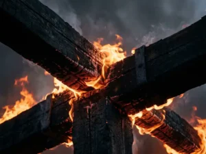 Weathered wooden beam engulfed in amber flames, charred black grain splitting under heat stress with orange fire glow and grey smoke curling upward.